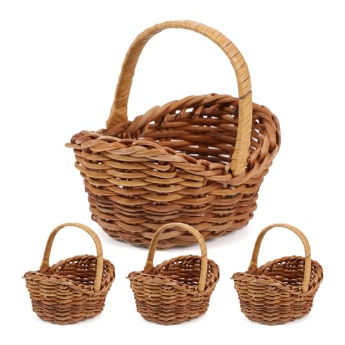 Totority Mini Rattan Basket Set of 4 Handwoven Small Baskets with Handles for Wedding Decor Diy Crafts Dollhouse Rustic Home And Party Decoration Light Brown Natural Woven Containers