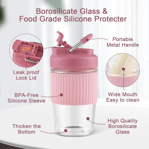 Sivaphe Reusable 16oz Glass Coffee Cup | Leakproof Travel Mug with Metal Handle in Pink | Eco-Friendly Borosilicate Glass, BPA-Free for Camping & Gifts - Image 3