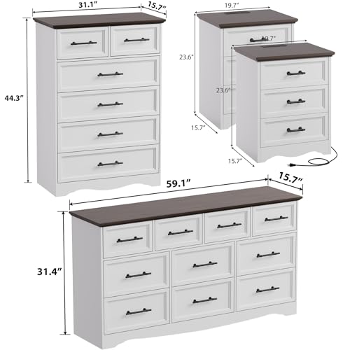 Image of Bedroom Set, 4 Pieces Bedroom Furniture Set, 59 inchW 10 Drawer Dresser, 44 inchH 6 Drawer Dresser and 3 Drawers Nightstands with Charging Station, Farmhouse Storage Organizer Cabinet for Bedroom, White