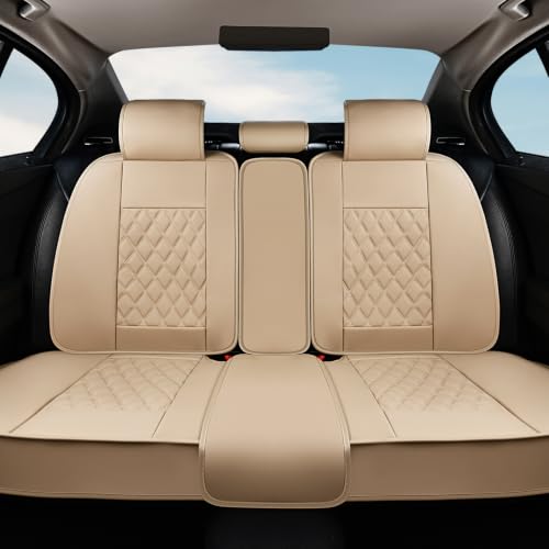 Image of Huidasource Beige Car Rear Seat Covers, Nappa Leather Back Seat Cover, Automotive Rear Bench Seat Cushion Cover Universal Fit for Most Cars Sedan SUV Pickup Truck (Back Row /Beige)