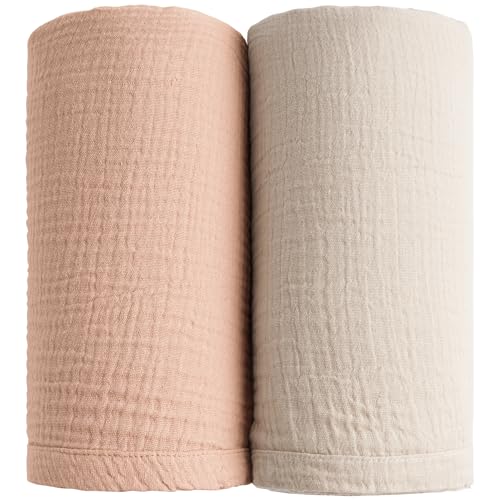 Image of Konssy Muslin Swaddle Blankets for Boys Girls, 2 Pack Receiving Baby Blanket Large 47 x 47 inches, Soft Breathable Swaddling Wrap for Unisex Newborn (Peach, Cream)
