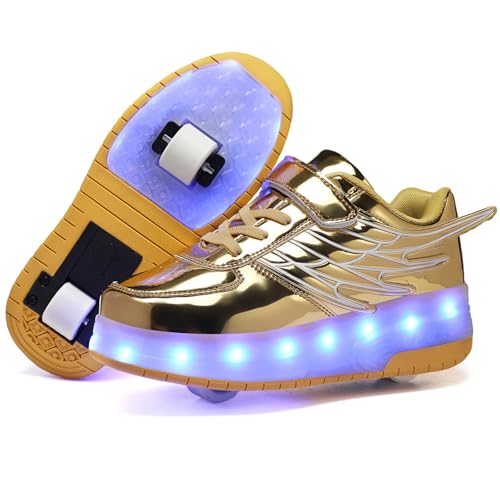 LED Roller Skate Shoes for Kids Boys Girls Light Up Roller Sneakers with Detachable Wheels Rechargeable Flashing Wheeled Shoes Gold