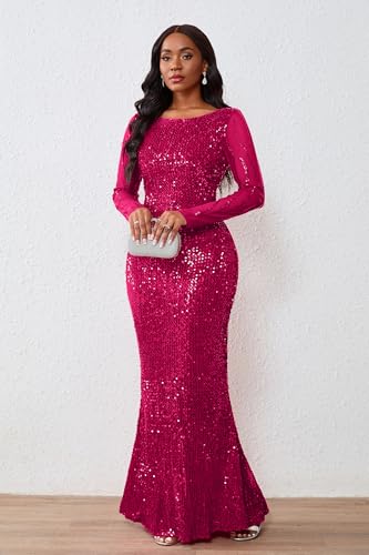 Image of VERWIN Women's Sequins Bodycon Round Neck Long Sleeve Sparkly Mermaid Maxi Dress for Casual Party Cocktail