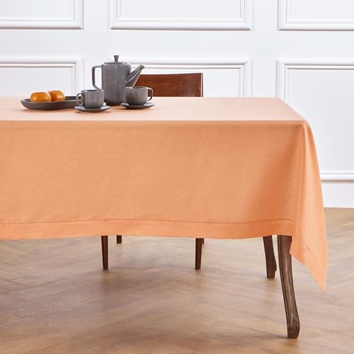 Solino Home Linen Tablecloth for Rectangle Tables 60 x 120 Inch - Classic Hemstitch 100% Pure Linen Coral Table Cloth - Machine Washable Cloth Tablecloth for Spring, Summer by Solino Home - Image 3