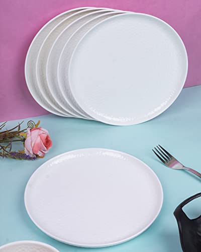 Image of MARKET 99 Heavy-Duty Melamine Quarter Plates Set of 6 | White Hammered Round Design | Glossy Finish Durable Tableware | Ideal for Breakfast, Snacks, Appetizers | Stylish Kitchen & Dining Serveware