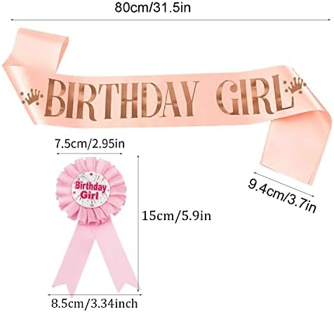 Birthday Girl Satin Sash, Rose Gold Birthday Sash Party Favour Birthday Accessories with Birthday Badge for Woman Girls