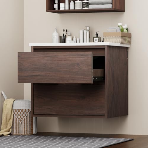 LDarqeer Floating Bathroom Vanity | 24-Inch Modern Walnut Color Lacquer Finish, with Sink, 2 Drawers, Space-Saving Design for Small Bathrooms, Easy Installation