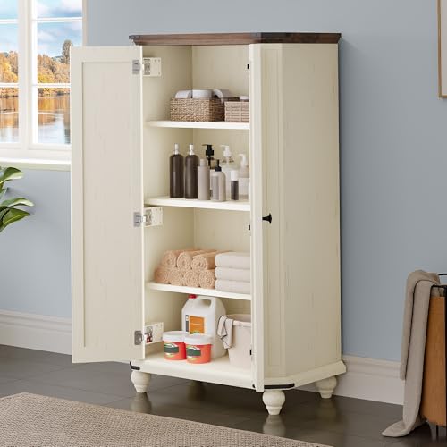 DWVO 4-Tier Storage Cabinet, 45.2" Farmhouse Kitchen Pantry Cabinet wth 2 Shutters-Doors & Adjustable Shelves, Wooden Tool Cabinet for Dining Room, Bathroom, Living Room, Laundry Room, Office, White