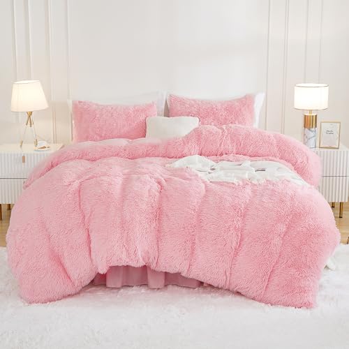 Andency Faux Fur Pink Comforter Set King Size, 3 Pieces Fluffy Fuzzy Plush Bedding Comforter Set (1 Shaggy Velvet Comforter & 2 Pillowcases), Soft Puffy Comfy Down Alternative Comforter Bedding Set