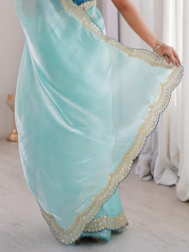Image of AKHILAM Women's Shimmer Satin Sequence Embroidery Work Border Saree With Unstitched Blouse Piece