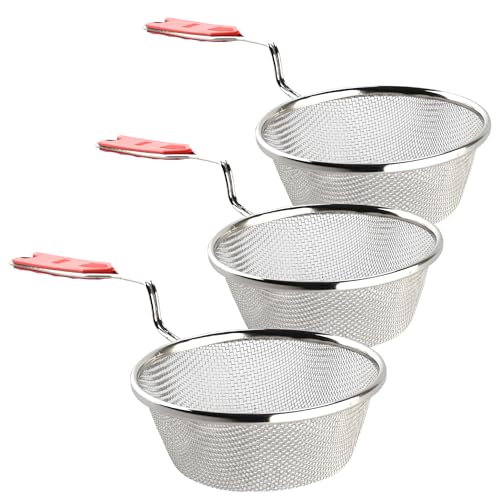 Image of Kuber Industries Pack of 3 Stainless Steel Deep Fry Strainer for Kitchen - 6 no. Oil Cooking Jhara /Filter /Channi for Chips & Pasta - Silver & Red