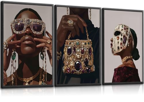 3pcs Black Trendy Girl Canvas Wall Art Luxurious Fashion Jewelry Wall Decor African American Woman Posters Prints Stylish Girl's Room Wall Decoration for Bedroom and Living Room(12x16in Poster)