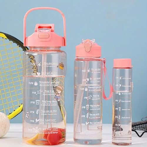 Image of HAMSA 2 Litre Water Bottle with Motivational quote,Straw&Handle-Leakproof,Non-Toxic,BPA-Free for Office,School,Gym(Pack of 1,Multi) (TRANSPARENT WATER BOTTLE 3PCS SET - 3 IN 1)