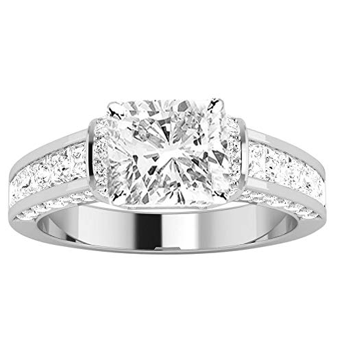 3-5 Carat 14K White Gold LAB GROWN DIAMOND Contemporary Channel Set Princess And Pave Round Cut Cushion Cut Diamond Engagement Ring (E-F Color VS2-SI1 Clarity 2 Ct Center)