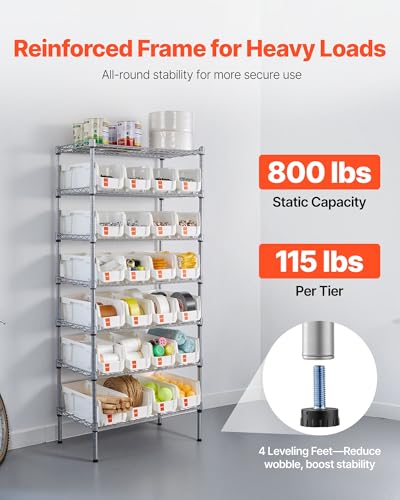 Image of VEVOR 7-Tier Rolling Bin Storage Rack, 24 Small Bins, Bin Rack Storage Steel Wire Shelving System with Wheels, Mobile Tool Organizer for Garage, Warehouse, Office, Restaurant, Classroom, Kitchen