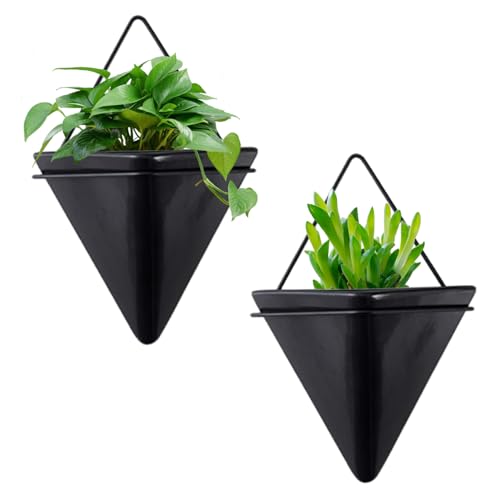 Macetas de pared, 2 macetas triangulares de cerámica de 6 pulgadas, sin perforaciones, geométricas colgantes, macetas hidropónicas para decoración de pared para suculentas, cactus, plantas sintéticas,