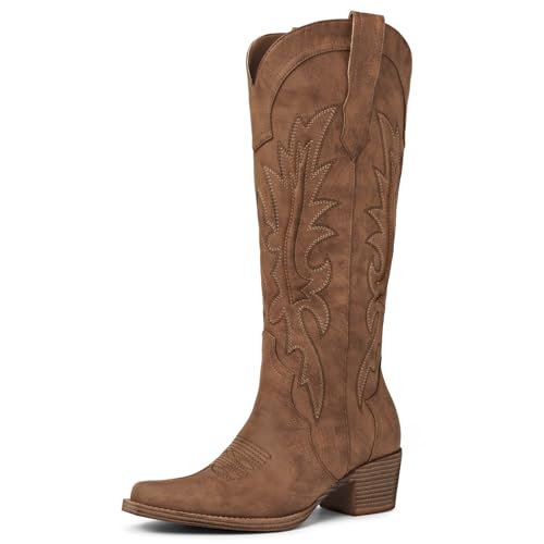 Foscape Women's Brown Knee High Cowboy Boots Pointed Toe Embroidered Western Boots Chunky Heel Fashion Cowgirl Tall Boots for Concert Festival Fall Outfits 8.5