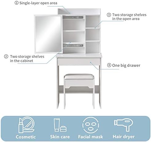 TUKAILAi White Vanity Dressing Table Set Corner Makeup Desk with 1 Big Drawer, 1 Slide Mirror, 6 Shelves and Stool Bedroom Furniture Bedroom Dressnig Table