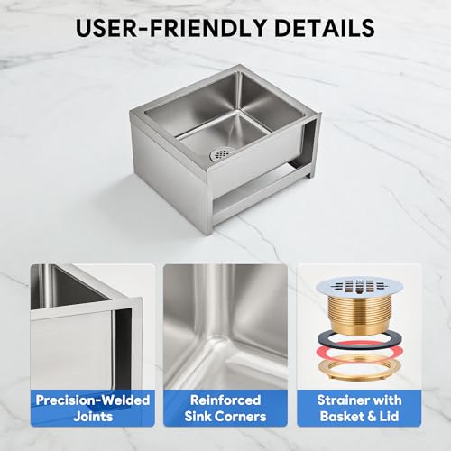 Image of WILPREP Commercial Mop Sink, 19x16x8 Inch 304 Stainless Steel Utility Sink with Strainer & X-Shaped Floor Guides for Kitchen Laundry Garage Pet Salon