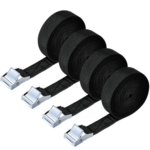 URAQT 4 Pcs Cinghie di Tensione, 6m x 2 cm Cinghie di Tensionamento, Carico Cinghie di Tensione con Fibbia, Adatto per Moto, Auto, Portabiciclette, Trazione: 500kg / Pezzo (Nero)