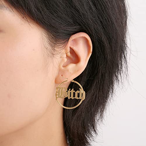 Stainless Steel Punk 4CM Circle “Bitch” Letter Big Word Earrings Personalized Name Customization Various Sizes2