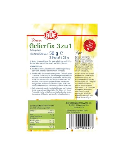 RUF Gelierfix 3 zu 1, veganes Geliermittel zum Einkochen und Gelieren von Marmelade, Konfitüre & Gelee, weniger süß, glutenfrei, 2 x 25g