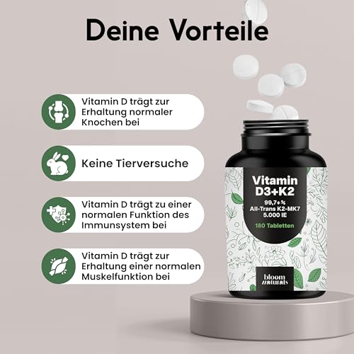 Vitamin D3 K2 5000 IE hochdosiert – 180 Tabletten – Premium 99,7+% All-Trans K2-MK7 – produziert in Deutschland Laborgeprüft - Verpackung kann variieren