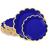 LIKAJON 50 Pcs Royal Blue Paper Plates, 25 Pcs 9' and 25 Pcs 7' Disposable Royal Blue Scalloped Plates with Gold Foil for Graduation Wedding Baby Shower Birthday Party Picnic BBQ