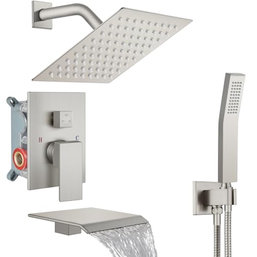 Midanya Shower System with Tub Spout,Bathtub Shower Faucet Set with Square Rainfall Head and Handheld Sprayer Wall Mount Tub Faucet Set with Valve and Trim Kit,8 Inch Brushed Nickel