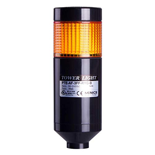 PTE-AF-1FF-Y-B, LED Stack Tower Light, 56mm Yellow Color 1 Stack Modular, Steady/Flash, Pole mounting Black Body, 25