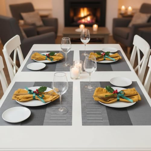 Image of YELONA Placemats for Dining Table Set of 4 - Heat Resistant, Non-Slip & Washable Woven PVC Vinyl Table Mats - 45 x 30 cm, Light Grey