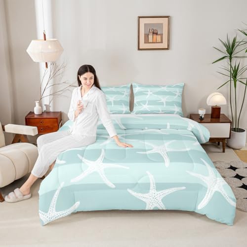 Homewish Ocean Comforter Set Twin Size,Blue White Geometric Stripes Quilt 2pcs,Starfish Undersea Creatures Bedding Set,Hawaii Sea Style Duvet Insert with 1 Pillowcase, (TYTS1374ZMD-BZ_USt)