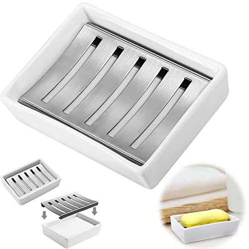Porte Savon Douche En CéRamique Blanche Double BoîTe à Savon 1 PièCes Porte-Savon Auto-Drainant Porte-Savon En CéRamique En Acier Inoxydable BoîTe à Savon Pour Salle De Bain Toilettes Ou éVier Cuisine Cover