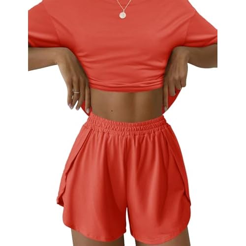 Kistore Summer 2 Piece Pajamas Sets Short Sleeve Sleepwear Pjs Lounge Split Short Sets B-dirty Orange X-Large