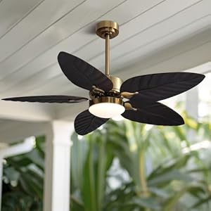Siljoy 52 Tropical Ceiling Fans with Lights Indoor Outdoor Black Ceiling Fan with RemoteAPP Control Flush Mount 5 Palm Leaf Ceiling Fan Light for Bedroom Dining Room Living Room Patios 6 Speeds