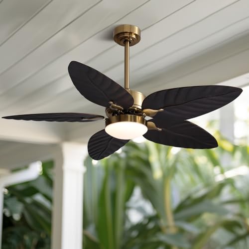 Siljoy 52' Tropical Ceiling Fans with Lights, Indoor Outdoor Black Ceiling Fan with Remote/APP...