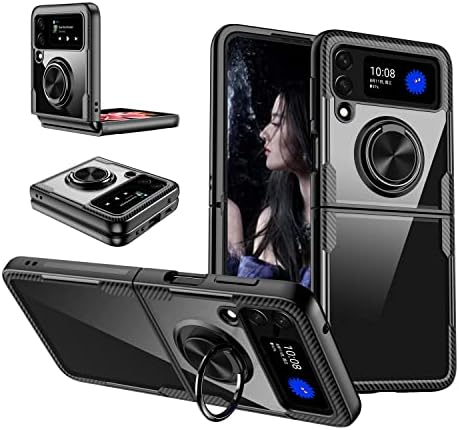 Compatible with Samsung Galaxy Z Flip 3 Ring Holder Case Heavy Duty Rubber Bumper Non-Slip Grip Magnetic Kicstand Hybrid Shockproof Slim Thin Protection Phone Case for Galaxy z flip 3 5G Black