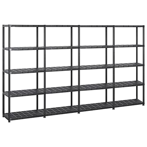 Molumvel Juego de 4 estanterías de plástico con 5 estantes, para cargas pesadas, sótanos, garajes, talleres, color negro, 284 x 38 x 170 cm