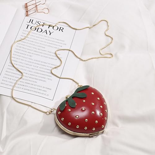 Strawberry Heart-Shaped Crossbody Bag for Girls, Studded Fruit Shoulder Bag with Chain3