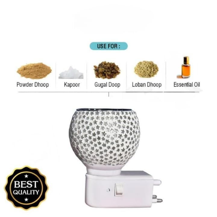 TRIXY Electric Ceramic Multicolor Aroma Diffuser Kapoor Dani | Camphor Diffuser Incense Burner Holder Kapoor Dani with Night Lamp for Home- Pack of 1, White Star 4