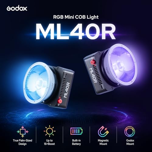 Image of Godox ML40R Mini RGB COB Video Light 40W, 1800K-10000K, Handheld Portable Full-Color COB LED Continuous Output Light w /Built-in Li-ion Battery,12300lux@1m, CRI /TLCI95, 14FX, APP NFC Control