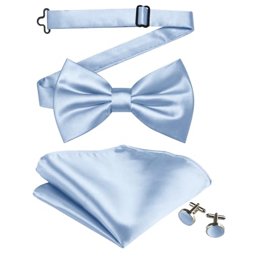 Mukidom Light Blue Bow Ties for Men Solid Color Pre-Tied Baby Blue Bow Tie and Blue Pocket Square Cufflinks Set