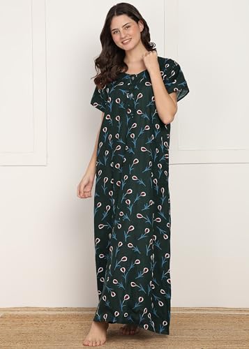 Image of Women Cotton Nighty Combo Pack of 2, Printed Maxi Nighty Gown, Short Sleeve Cotton Nightdress, Soft Breathable Ankle Length Sleepwear Nightwear for Ladies, Free Size
