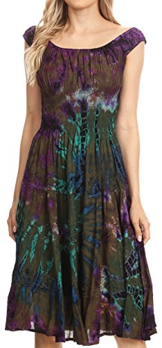 Sakkas 181476 - Alba Women's Off The Shoulder Smock Ruffle Midi Dress Tie Dye & Embroidery - Olive - OS