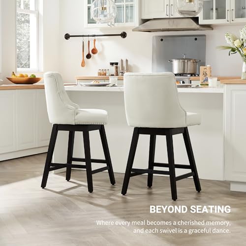 Busaurus Swivel Bar Stools Counter Height, 26\" Upholstered Swivel Counter Stools with Back Set of 2, Modern Kitchen Island Stools with Solid Wood Legs, White - Thumbnail 7