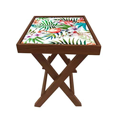 Image of Nutcase Designer Teak Wood Side Table Folding Wooden Bedside Coffee Outdoor Picnic Table - Flamingoes Floral
