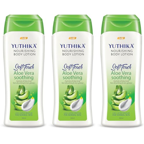Image of Yuthika Soft Touch Aloe Vera Body Lotion | Soothing & Nourishing | All-Day Hydration | Fast Absorbing & Non-Greasy | for Normal Skin | 300 ml (Pack of 3)