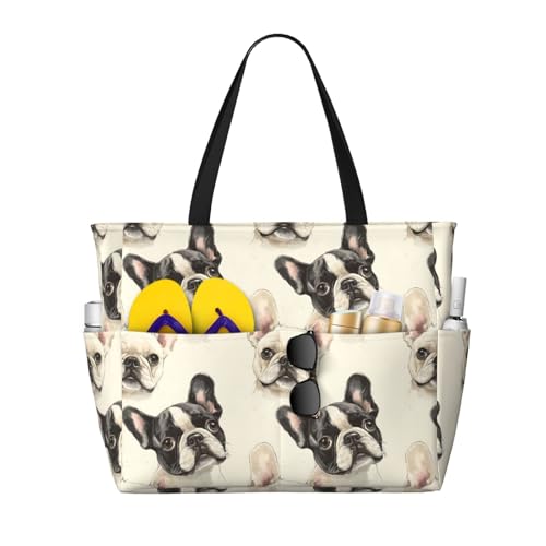 Large Beach Bags for Women Sandproof - Cute French Bulldog 1 Print Summer Work Travel Tote Bags with Zipper - Main Image