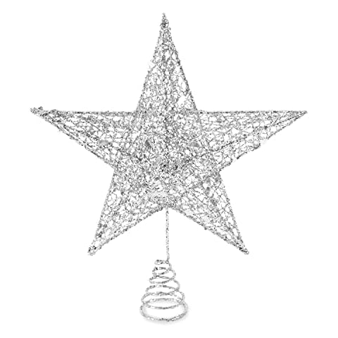 Soqool Christmas Tree Topper 8'' Silver - Glittered Gold Star Hallow Tree Topper for Mas Tree Decorations/Holiday Party Home Indoor/Bar Shop Office Cover