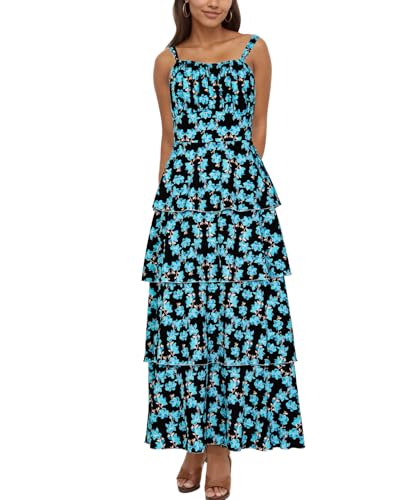 Image of Tiered Ruffle Dress Women Casual Summer Spaghetti Strap Sleeveless Floral Layered Maxi Dress for Women Beach Sundress